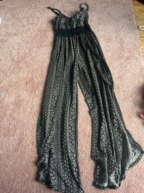 No Boundaries Black Printed Smocked-Waist Wide Leg Jumpsuit